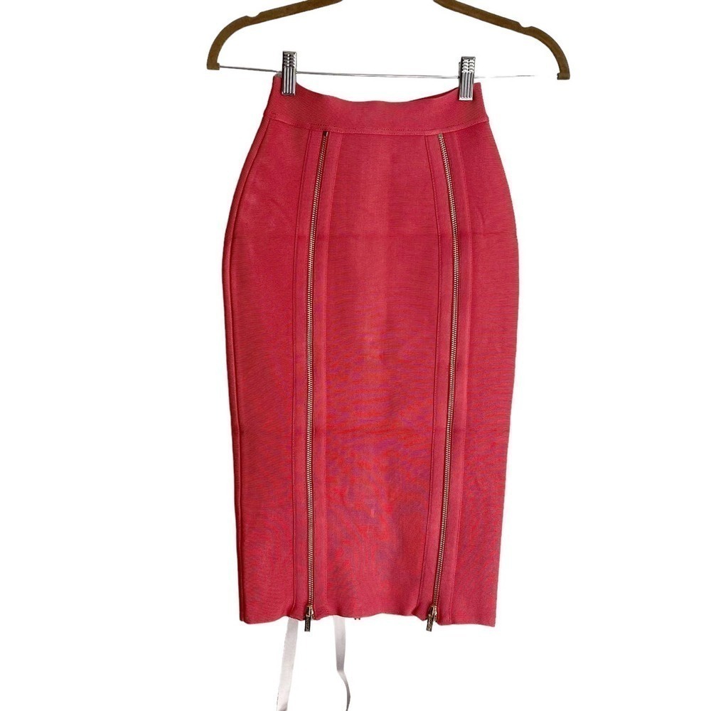 House of CB London Mid-Length Amora Skirt Gold Zipper Pink Size XS NWT